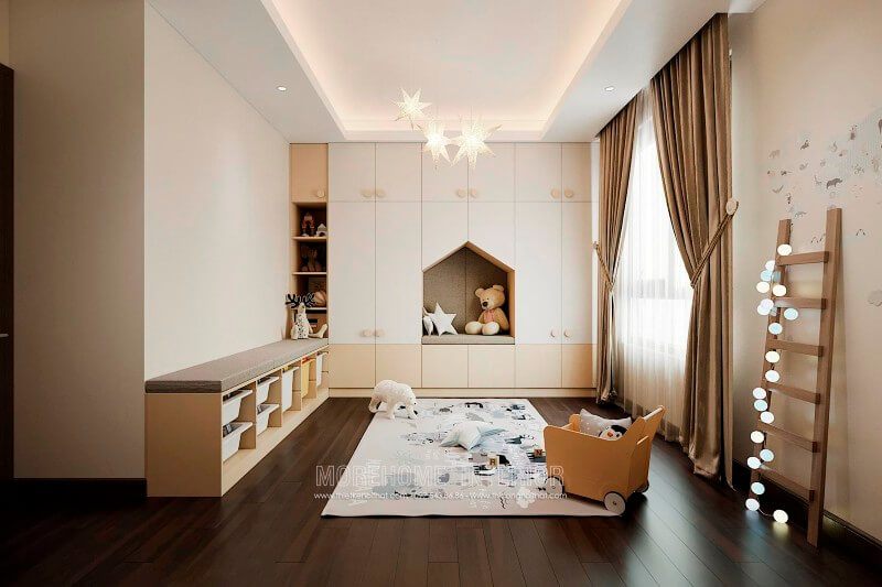 Kệ tủ quần áo gỗ Acrylic màu trắng đầy ấn tượng, phần chính giữa được thiết kế thành ghế nghỉ giúp con cảm thấy yêu thích không gian của mình hơn